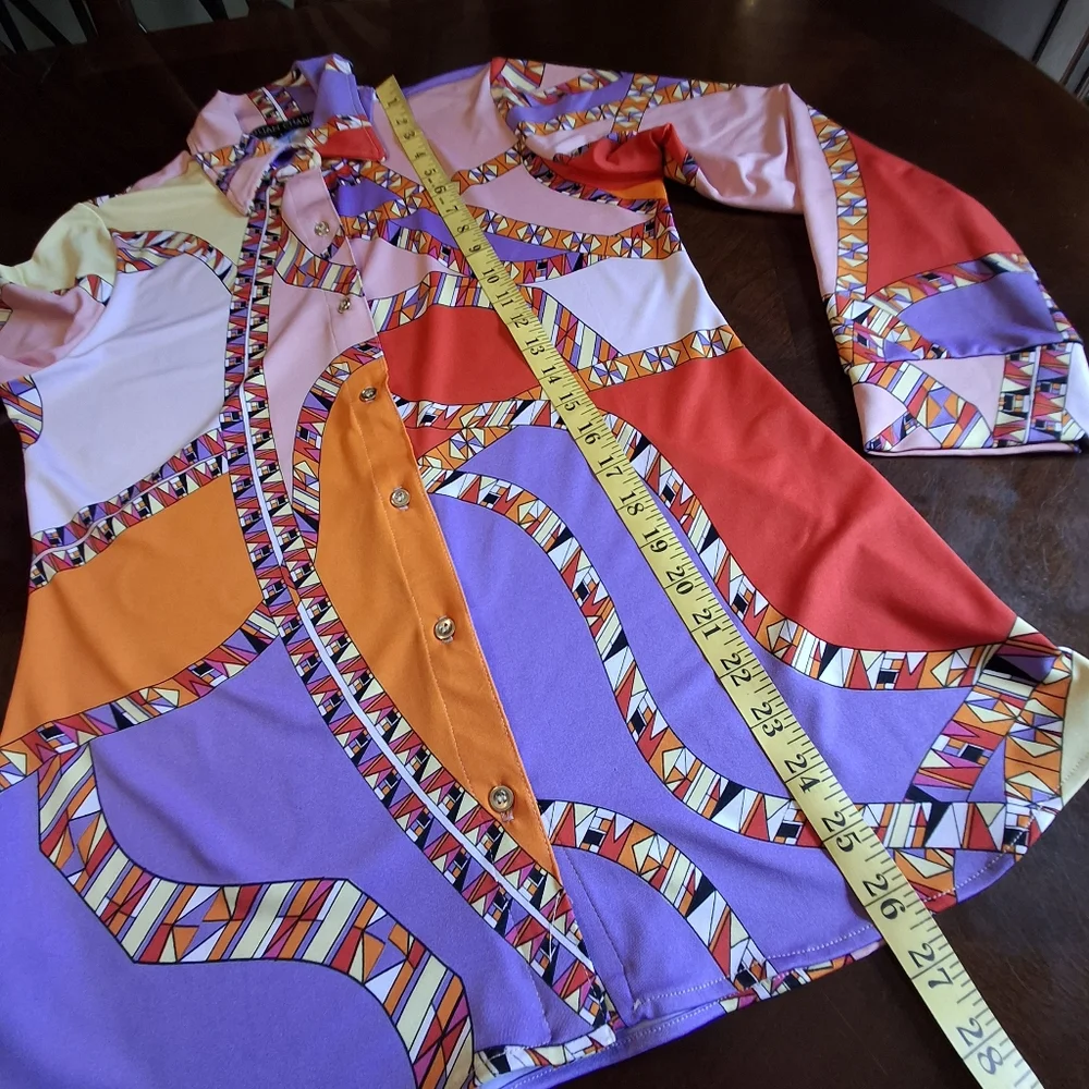 Julian Chang Designer Multicolor  Button-up Long Sleeve Blouse Women Size Medium - Picture 13 of 15